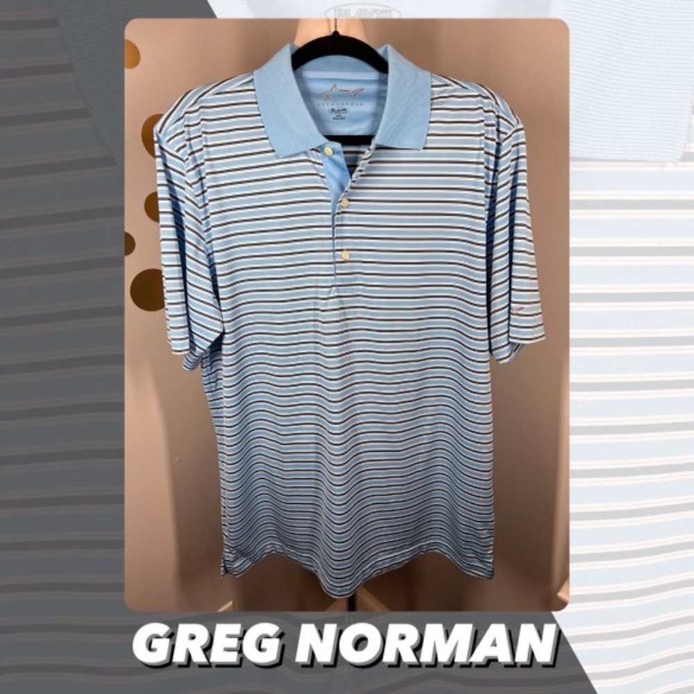 EUC Greg Norman Light Blue Striped Polo Shirt - Picture 1 of 7